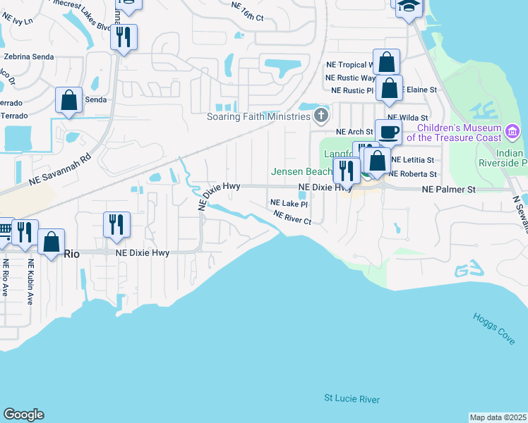 map of restaurants, bars, coffee shops, grocery stores, and more near 1856 Northeast River Court in Jensen Beach