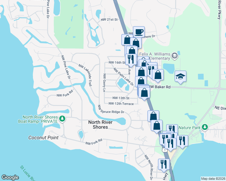 map of restaurants, bars, coffee shops, grocery stores, and more near 1105 Northwest 13th Terrace in Stuart