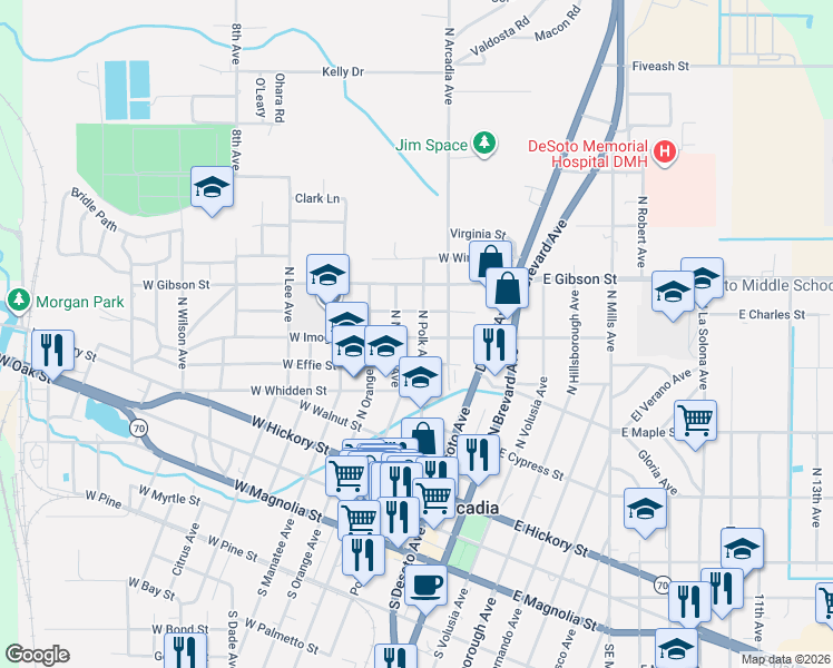 map of restaurants, bars, coffee shops, grocery stores, and more near 503 North Polk Avenue in Arcadia