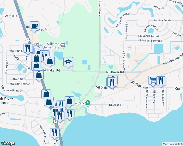 map of restaurants, bars, coffee shops, grocery stores, and more near 142 Northwest Baker Road in Stuart