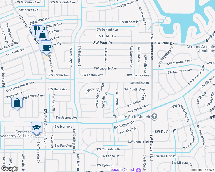 map of restaurants, bars, coffee shops, grocery stores, and more near 4112 Southwest Baltic Street in Port St. Lucie