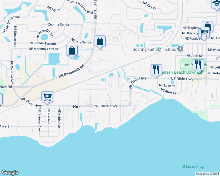 map of restaurants, bars, coffee shops, grocery stores, and more near 1419 Northeast Haven Lane in Jensen Beach