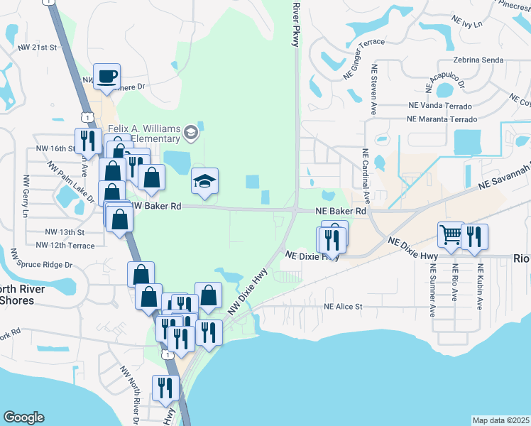 map of restaurants, bars, coffee shops, grocery stores, and more near 142 Northwest Baker Road in Stuart