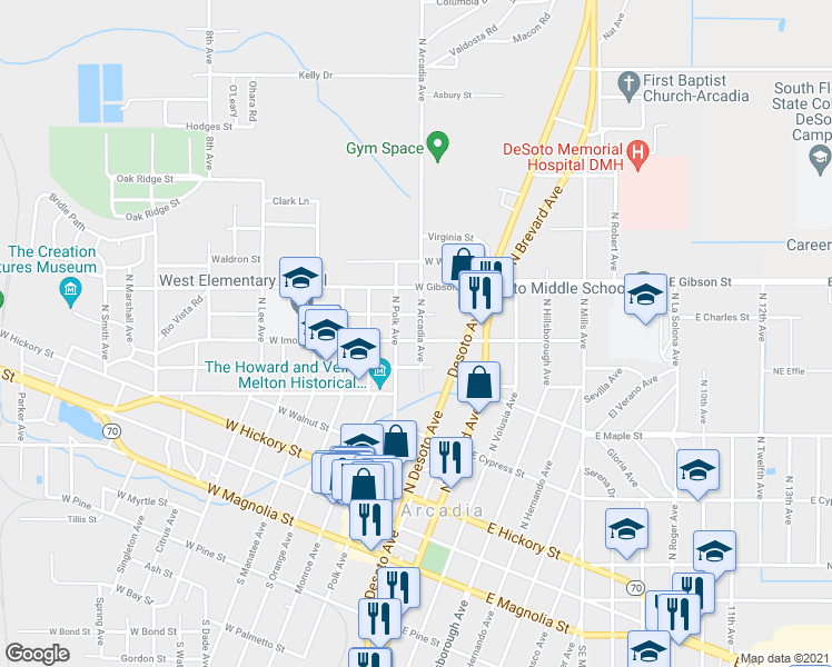map of restaurants, bars, coffee shops, grocery stores, and more near 405 North Arcadia Avenue in Arcadia