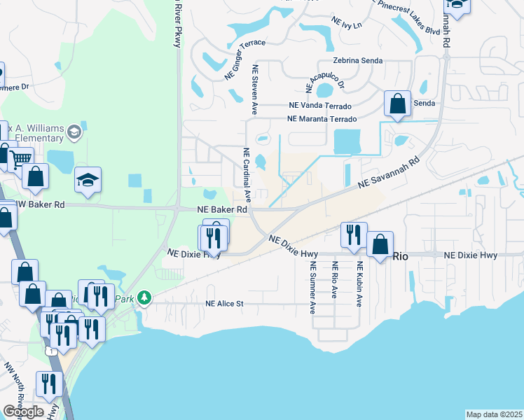 map of restaurants, bars, coffee shops, grocery stores, and more near 368 Northeast Baker Road in Stuart