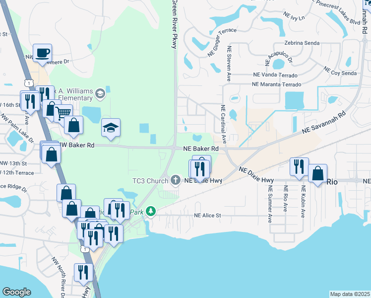 map of restaurants, bars, coffee shops, grocery stores, and more near Northeast Baker Road in Stuart