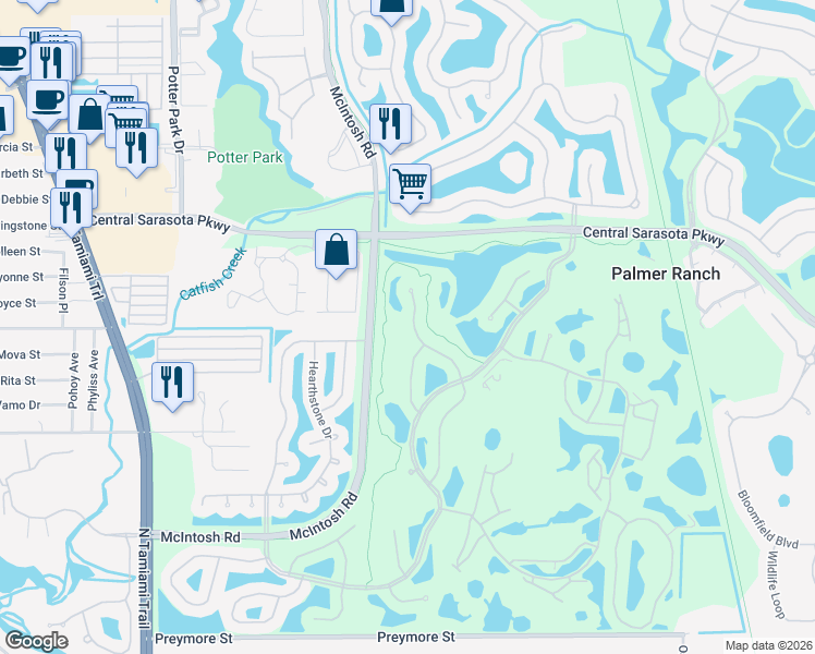 map of restaurants, bars, coffee shops, grocery stores, and more near 8722 Grey Oaks Avenue in Sarasota