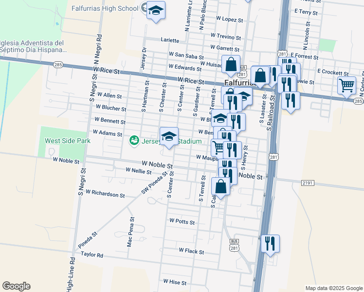 map of restaurants, bars, coffee shops, grocery stores, and more near 417 West Adams Street in Falfurrias