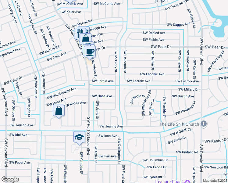 map of restaurants, bars, coffee shops, grocery stores, and more near 602 Southwest Hamberland Avenue in Port St. Lucie