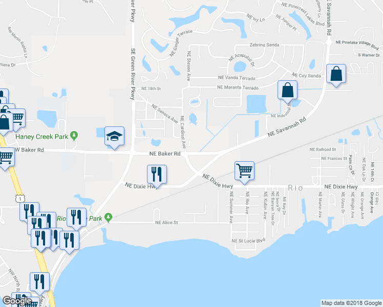 map of restaurants, bars, coffee shops, grocery stores, and more near Northeast Baker Road in Stuart