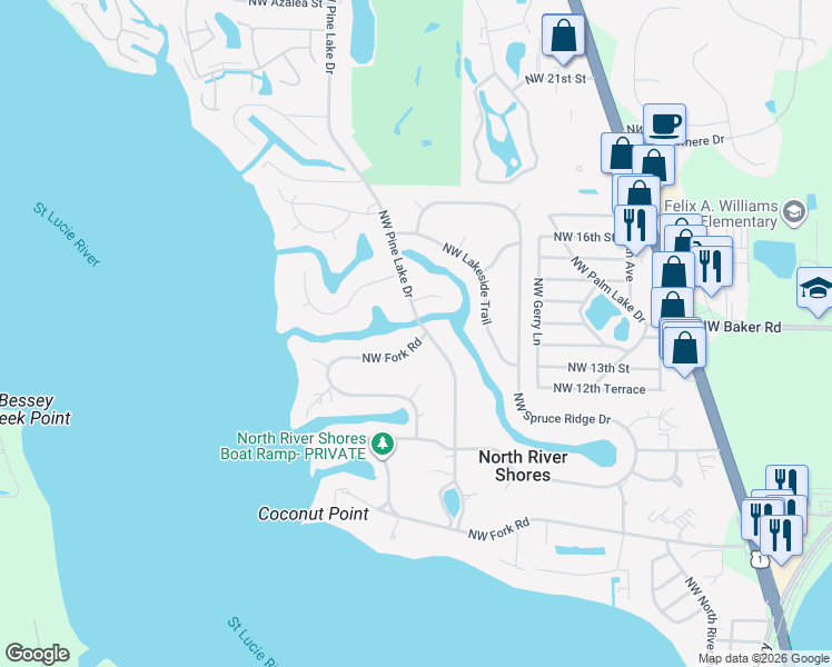 map of restaurants, bars, coffee shops, grocery stores, and more near 2416 Northwest Fork Road in Stuart