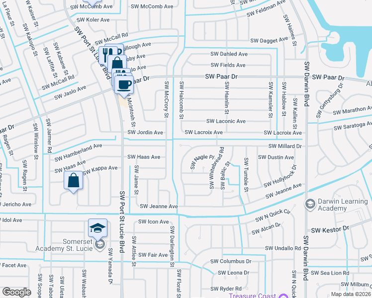 map of restaurants, bars, coffee shops, grocery stores, and more near 579 Southwest Inez Court in Port St. Lucie