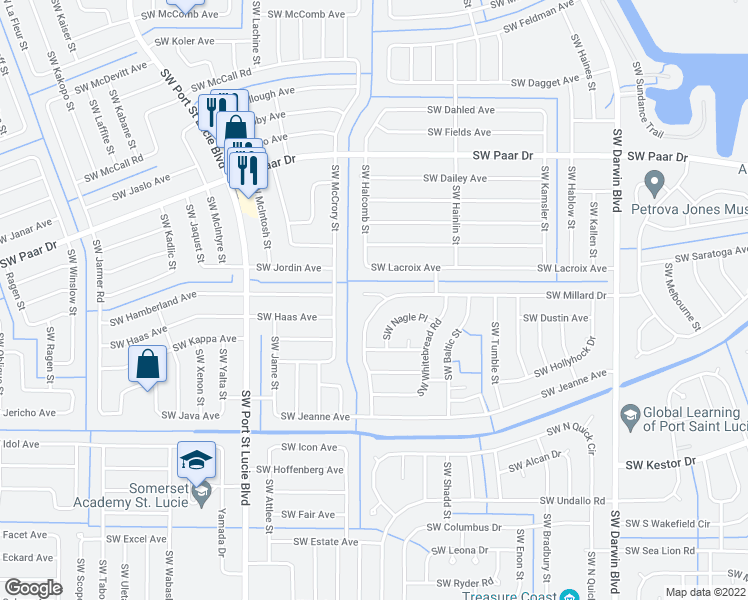 map of restaurants, bars, coffee shops, grocery stores, and more near 591 Southwest Millard Drive in Port St. Lucie
