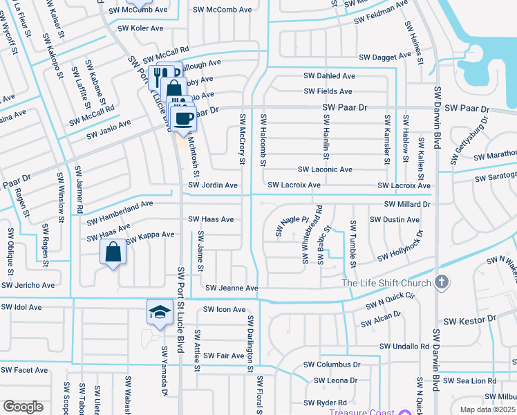 map of restaurants, bars, coffee shops, grocery stores, and more near 579 SW Inez Ct in Port St Lucie