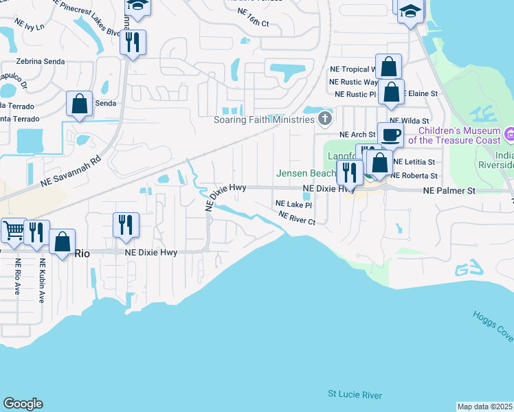 map of restaurants, bars, coffee shops, grocery stores, and more near 1806 North River Place in Jensen Beach
