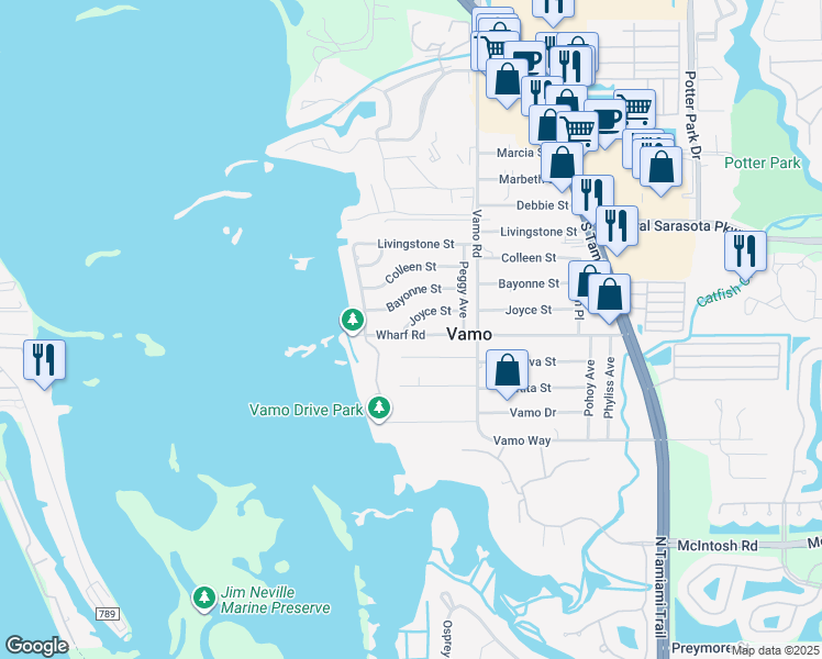map of restaurants, bars, coffee shops, grocery stores, and more near 1660 Joyce Street in Sarasota