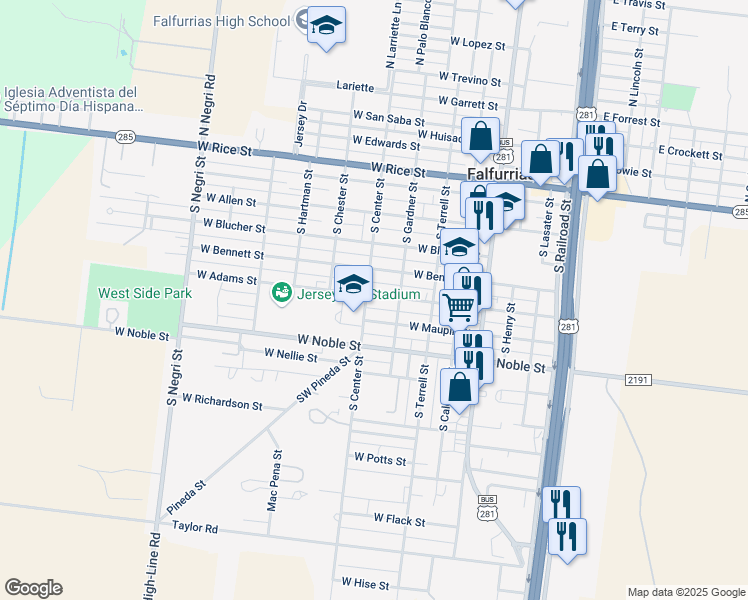 map of restaurants, bars, coffee shops, grocery stores, and more near 417 West Adams Street in Falfurrias