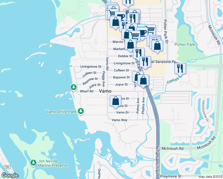 map of restaurants, bars, coffee shops, grocery stores, and more near 1815 Wharf Road in Sarasota