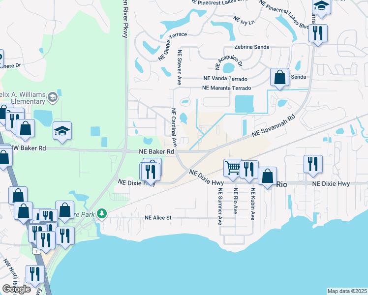 map of restaurants, bars, coffee shops, grocery stores, and more near 368 Northeast Baker Road in Stuart