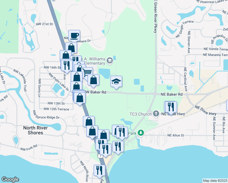map of restaurants, bars, coffee shops, grocery stores, and more near 401 Northwest Baker Road in Stuart