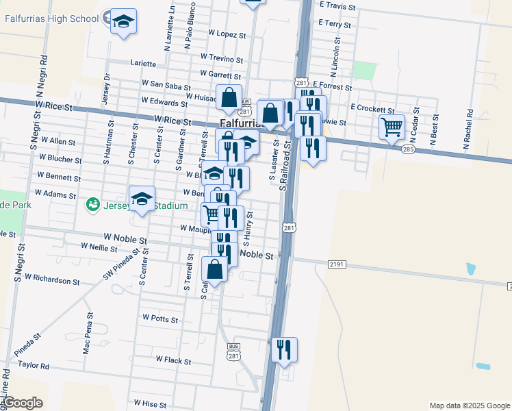map of restaurants, bars, coffee shops, grocery stores, and more near 501-599 South Henry Street in Falfurrias