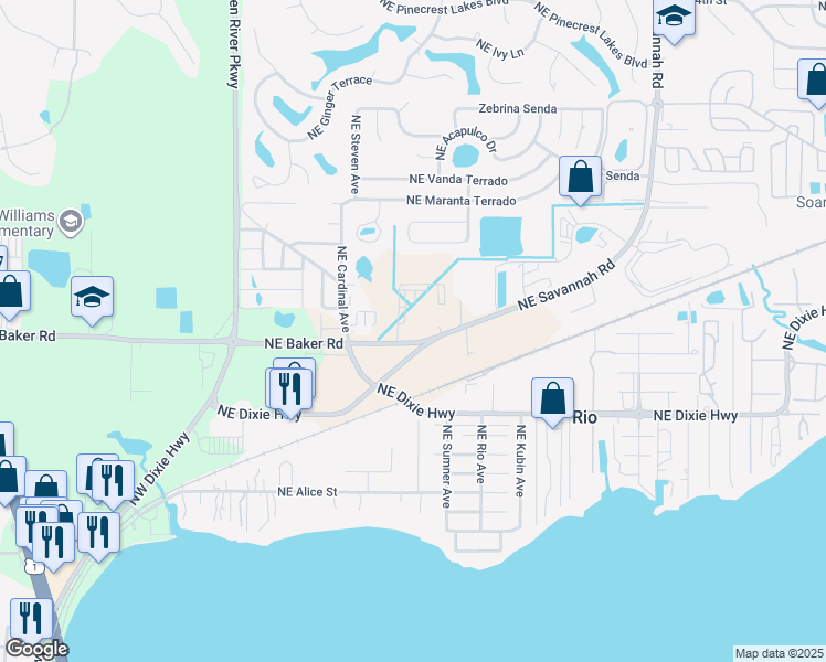 map of restaurants, bars, coffee shops, grocery stores, and more near 1215 Northeast Savannah Road in Jensen Beach