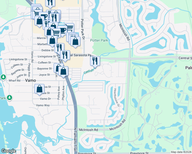map of restaurants, bars, coffee shops, grocery stores, and more near 4130 Central Sarasota Parkway in Sarasota