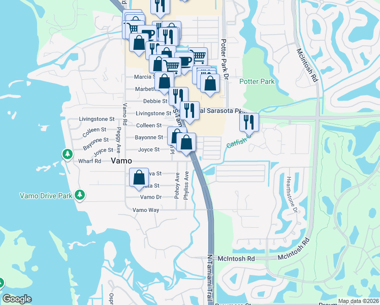 map of restaurants, bars, coffee shops, grocery stores, and more near 8808 Phyliss Avenue in Sarasota
