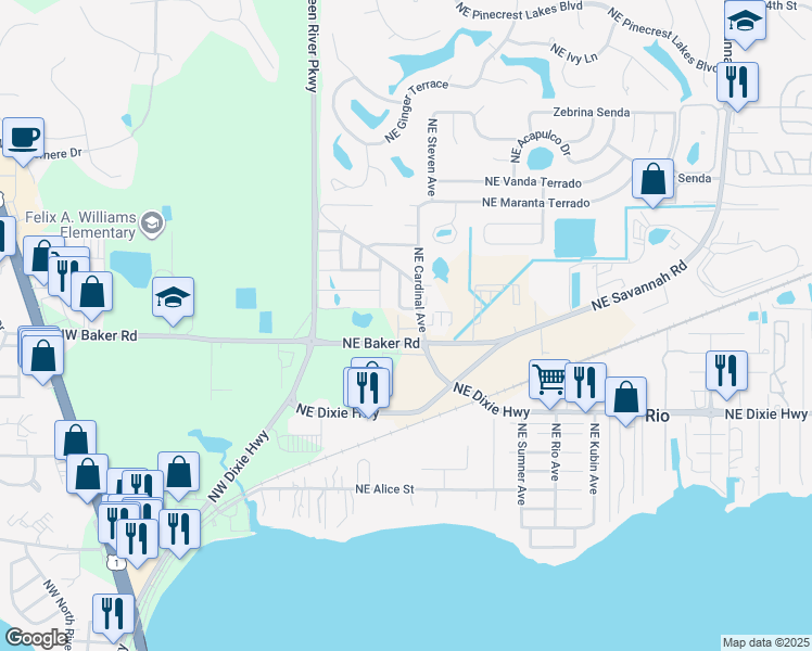 map of restaurants, bars, coffee shops, grocery stores, and more near 383 Northeast Baker Road in Stuart