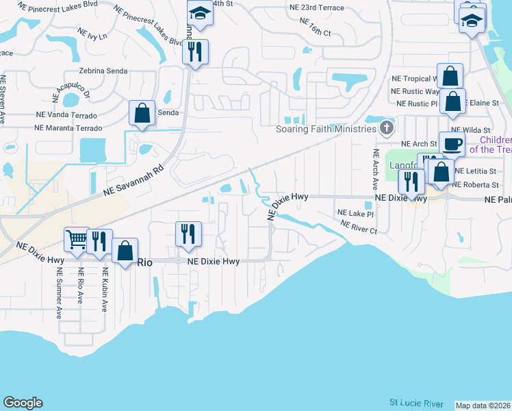 map of restaurants, bars, coffee shops, grocery stores, and more near 1421 Northeast 14th Court in Jensen Beach