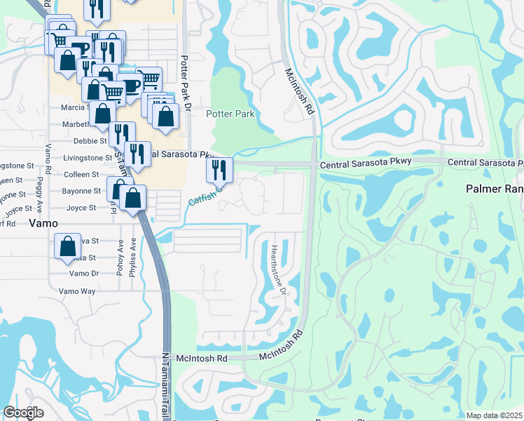 map of restaurants, bars, coffee shops, grocery stores, and more near 8876 Huntington Pointe Drive in Sarasota