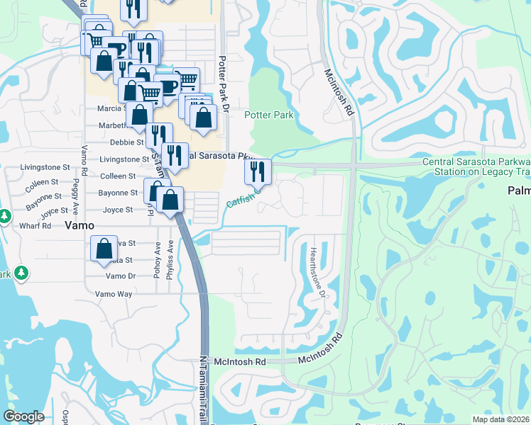 map of restaurants, bars, coffee shops, grocery stores, and more near 2257 Gondola Drive in Sarasota