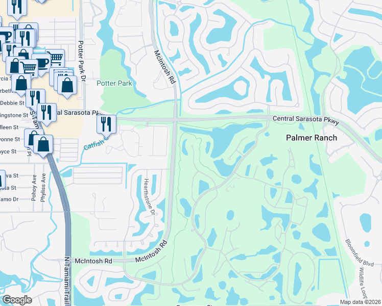 map of restaurants, bars, coffee shops, grocery stores, and more near 8722 Grey Oaks Avenue in Sarasota