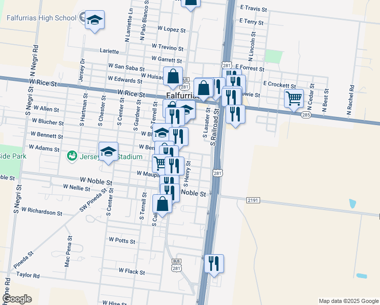 map of restaurants, bars, coffee shops, grocery stores, and more near 501 South Henry Street in Falfurrias