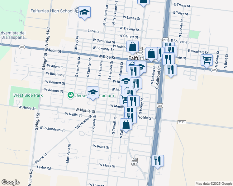 map of restaurants, bars, coffee shops, grocery stores, and more near 311 West Adams Street in Falfurrias