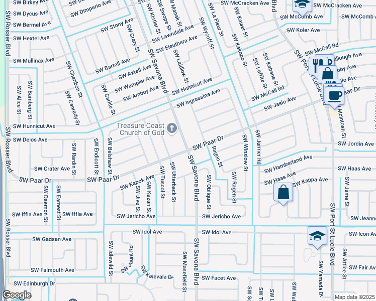 map of restaurants, bars, coffee shops, grocery stores, and more near SW Savona Blvd & SW Paar Dr in Port St. Lucie