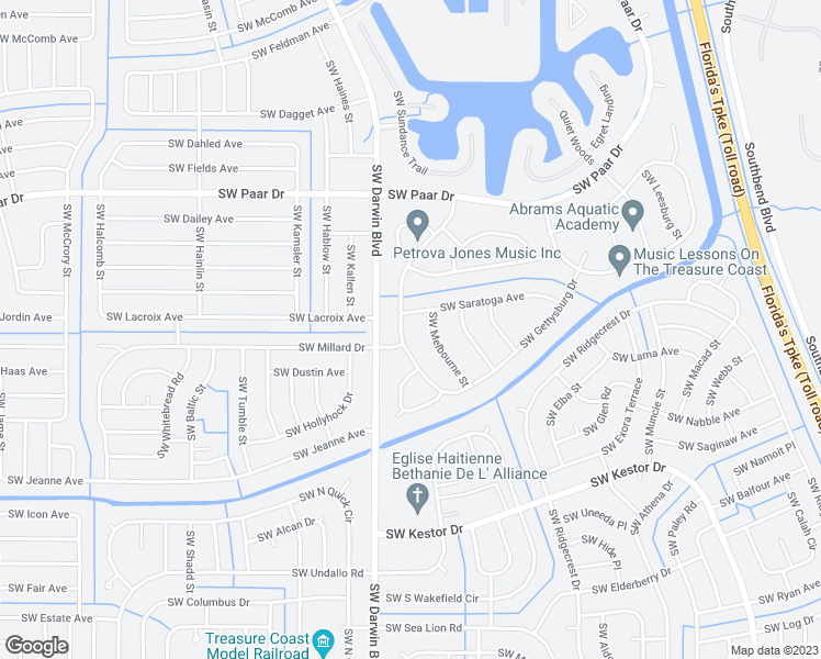 map of restaurants, bars, coffee shops, grocery stores, and more near 176 Southwest Gettysburg Drive in Port Saint Lucie