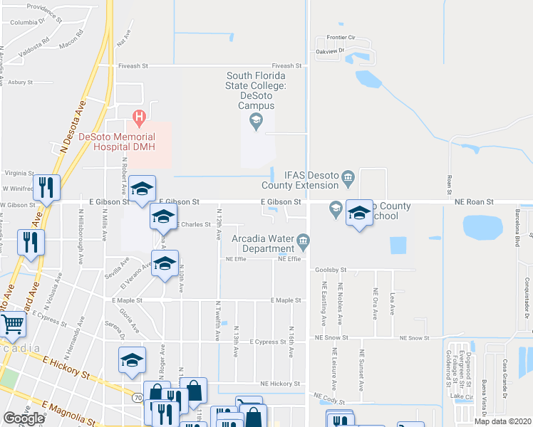 map of restaurants, bars, coffee shops, grocery stores, and more near 1450 East Gibson Street in Arcadia