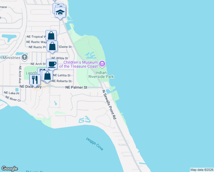 map of restaurants, bars, coffee shops, grocery stores, and more near 1525 Northeast Outrigger Landings Drive in Jensen Beach