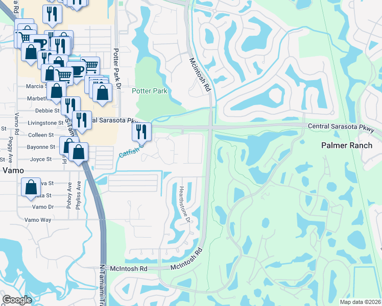 map of restaurants, bars, coffee shops, grocery stores, and more near 4216 Central Sarasota Parkway in Sarasota