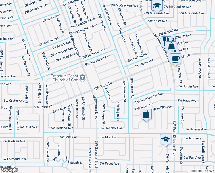 map of restaurants, bars, coffee shops, grocery stores, and more near 1088 Southwest Paar Drive in Port St. Lucie