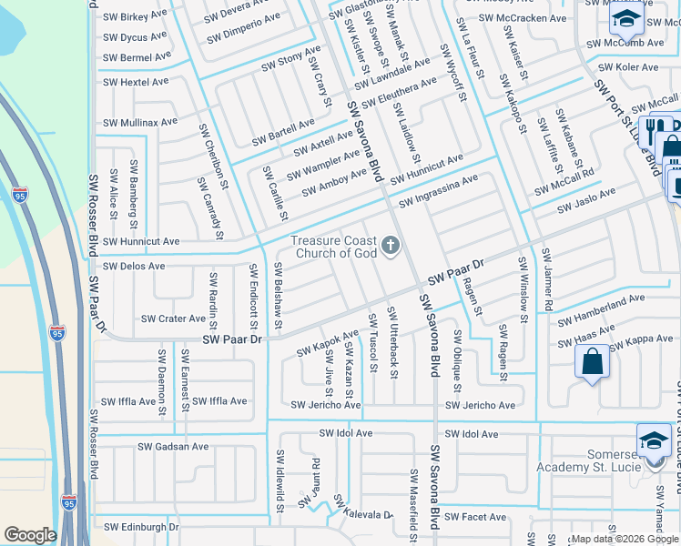map of restaurants, bars, coffee shops, grocery stores, and more near 4157 Southwest Spickler Street in Port St. Lucie