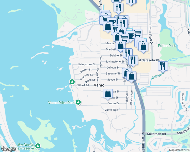 map of restaurants, bars, coffee shops, grocery stores, and more near 1740 Bayonne Street in Sarasota
