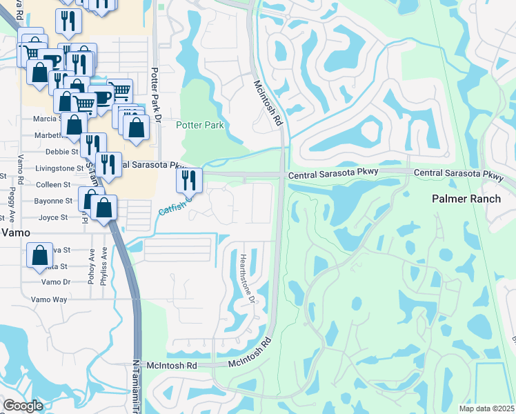 map of restaurants, bars, coffee shops, grocery stores, and more near 4216 Central Sarasota Parkway in Sarasota