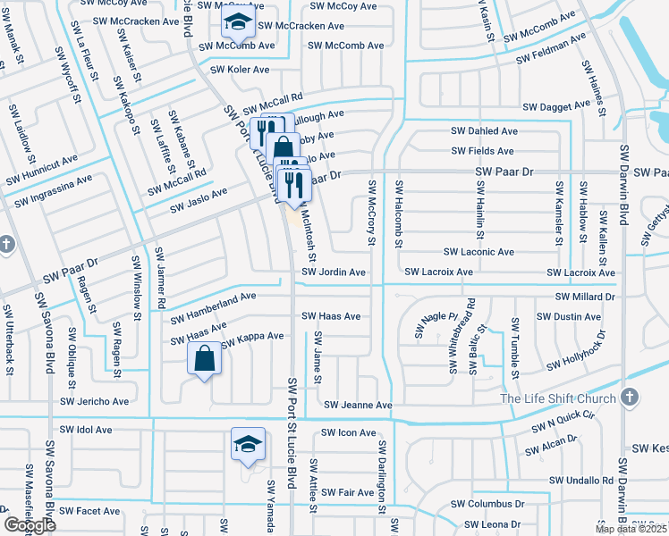 map of restaurants, bars, coffee shops, grocery stores, and more near 701 Southwest Jordin Avenue in Port St. Lucie