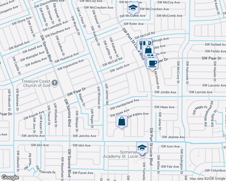 map of restaurants, bars, coffee shops, grocery stores, and more near 981 Southwest McElroy Avenue in Port St. Lucie