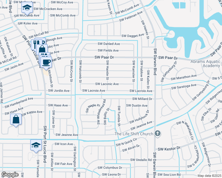map of restaurants, bars, coffee shops, grocery stores, and more near 465 Southwest Lacroix Avenue in Port St. Lucie