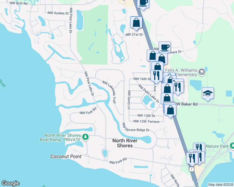 map of restaurants, bars, coffee shops, grocery stores, and more near 1399 Northwest Lakeside Trail in Stuart