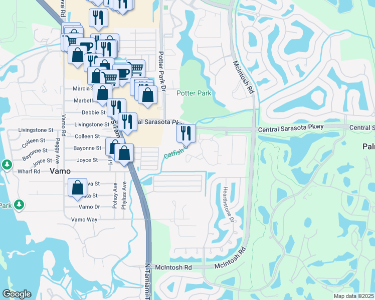 map of restaurants, bars, coffee shops, grocery stores, and more near 4126 Central Sarasota Parkway in Sarasota