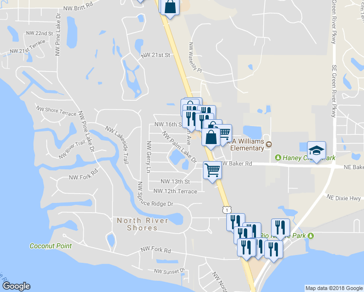 map of restaurants, bars, coffee shops, grocery stores, and more near 990 Northwest Palm Lake Drive in Stuart